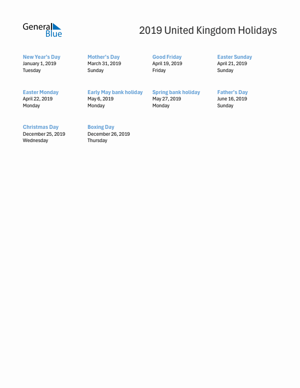 Free printable list of United Kingdom holidays for year 2019