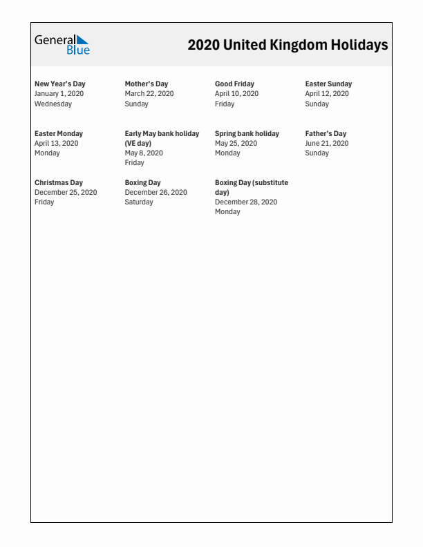 Free printable list of United Kingdom holidays for year 2020