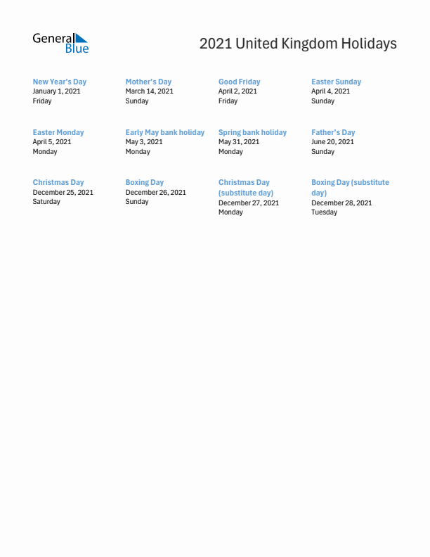 Free printable list of United Kingdom holidays for year 2021