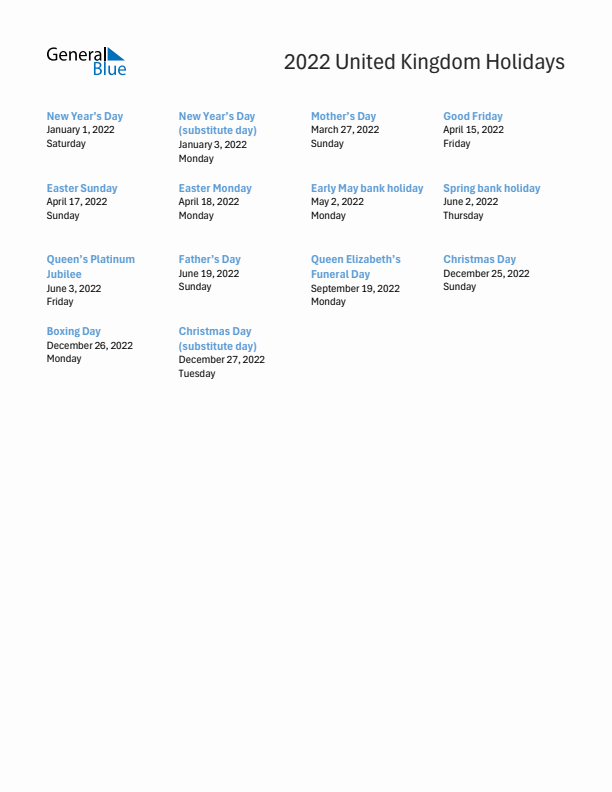 Free printable list of United Kingdom holidays for year 2022