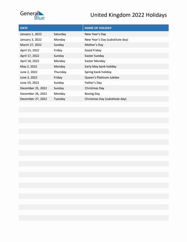 Free printable list of United Kingdom holidays for year 2022