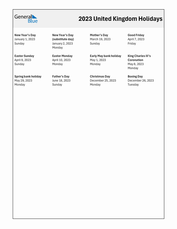 Free printable list of United Kingdom holidays for year 2023