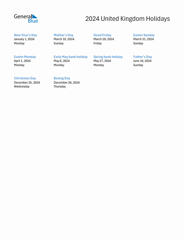 Free printable list of United Kingdom holidays for year 2024