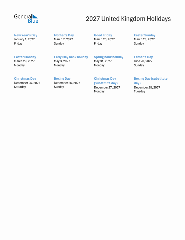 Free printable list of United Kingdom holidays for year 2027