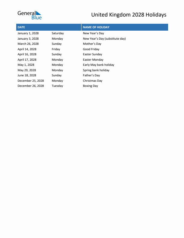 Free printable list of United Kingdom holidays for year 2028