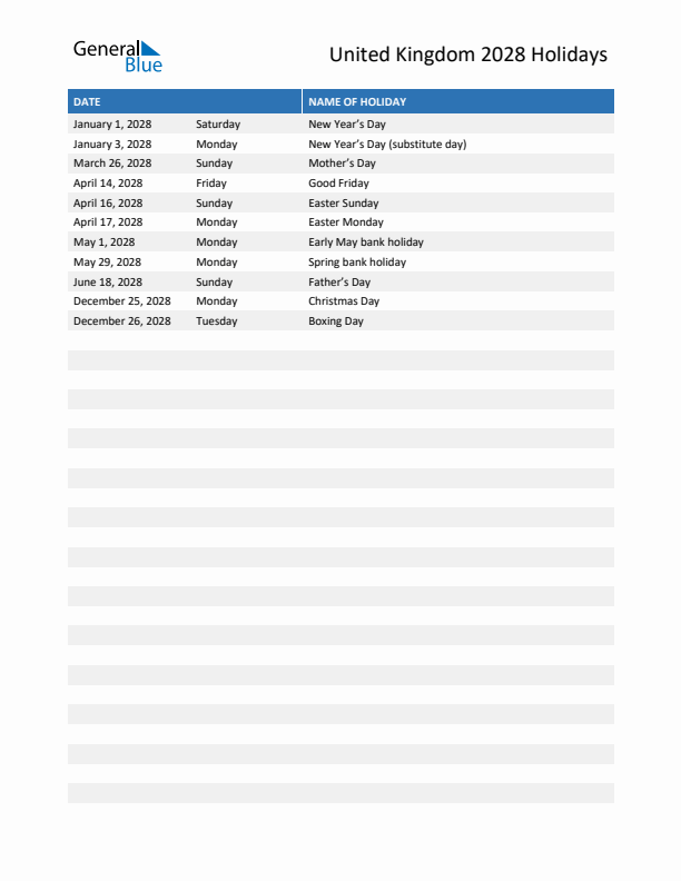 Free printable list of United Kingdom holidays for year 2028