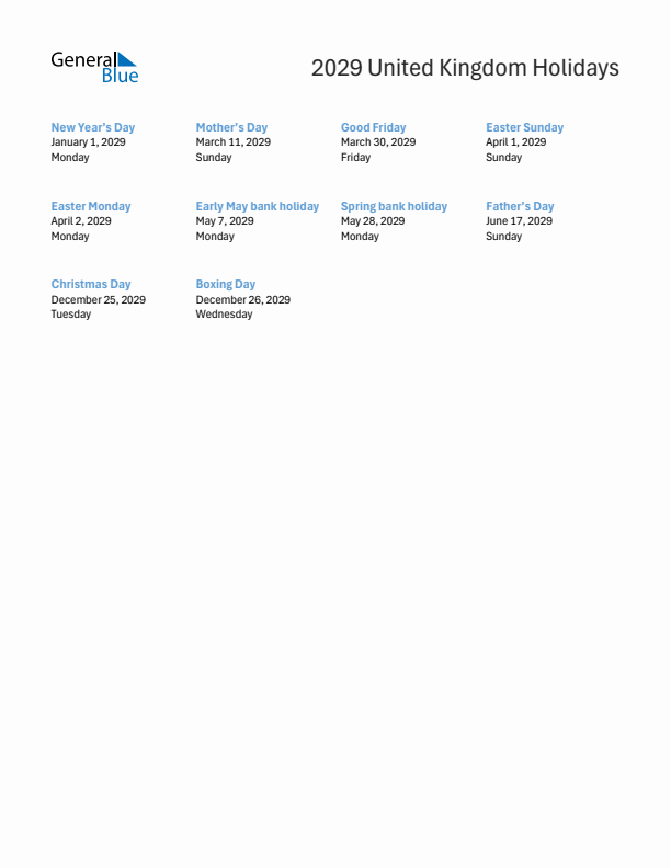 Free printable list of United Kingdom holidays for year 2029