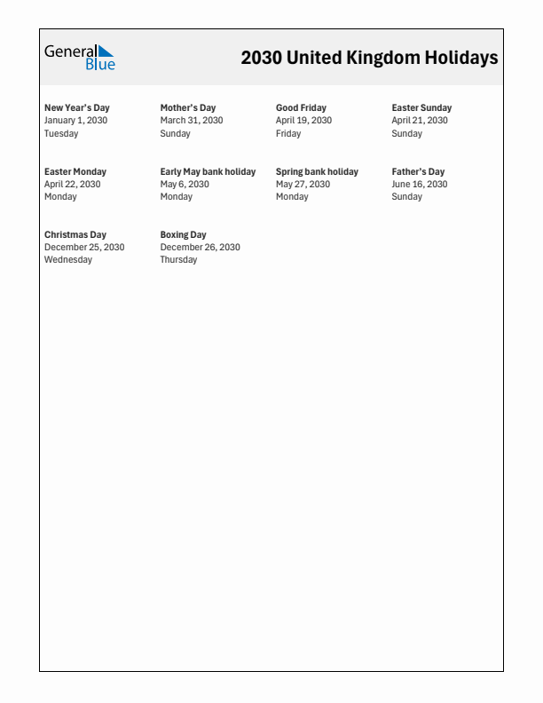 Free printable list of United Kingdom holidays for year 2030