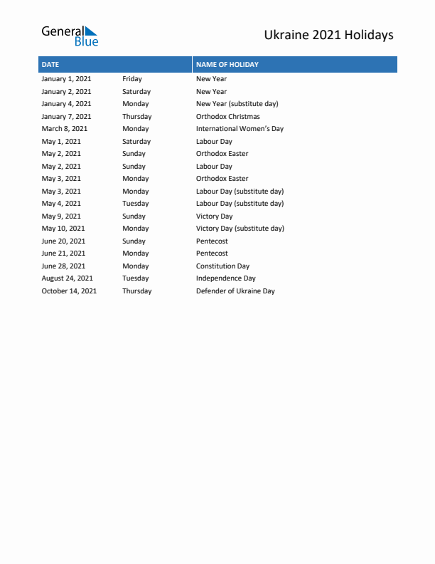 Free printable list of Ukraine holidays for year 2021