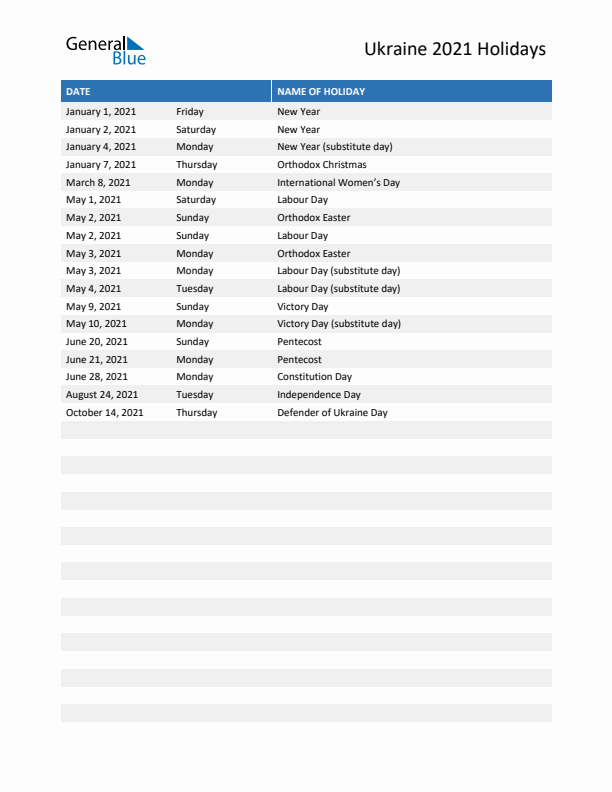 Free printable list of Ukraine holidays for year 2021