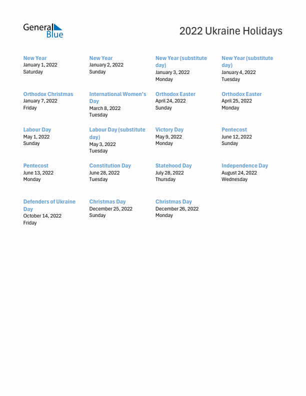 Free printable list of Ukraine holidays for year 2022