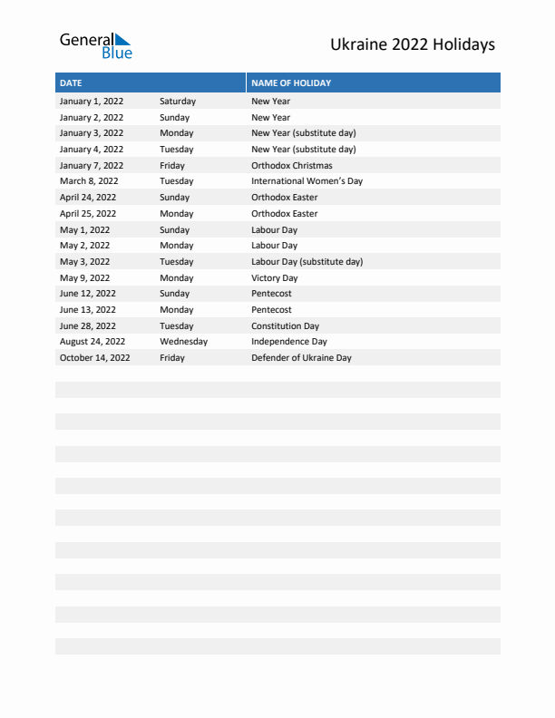 Free printable list of Ukraine holidays for year 2022