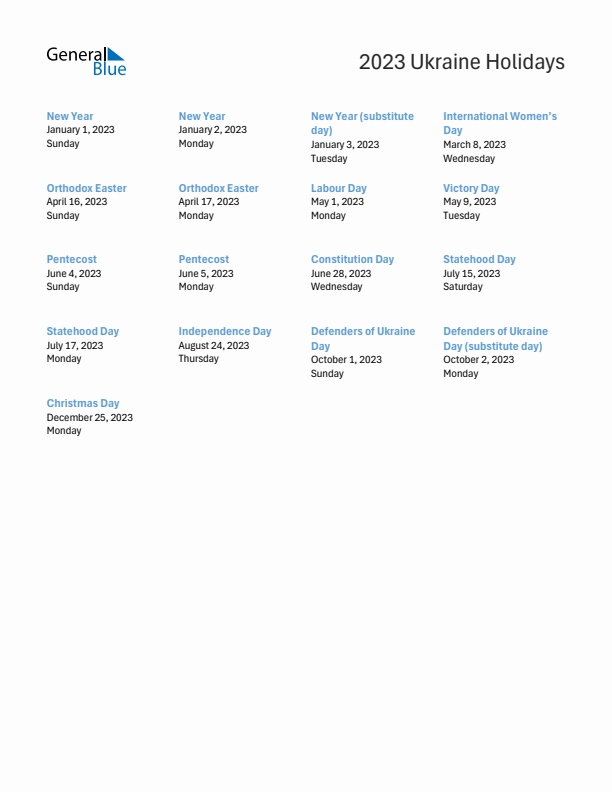 Free printable list of Ukraine holidays for year 2023