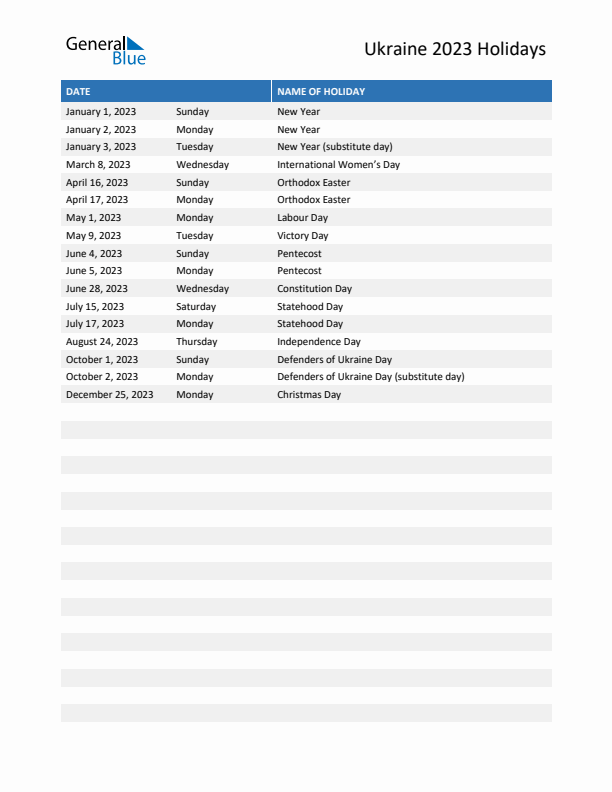 Free printable list of Ukraine holidays for year 2023