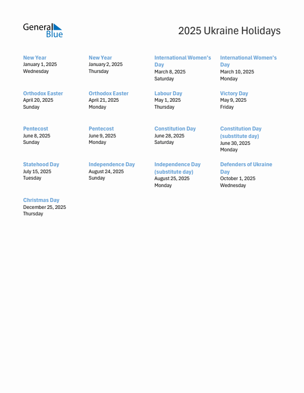 Free printable list of Ukraine holidays for year 2025