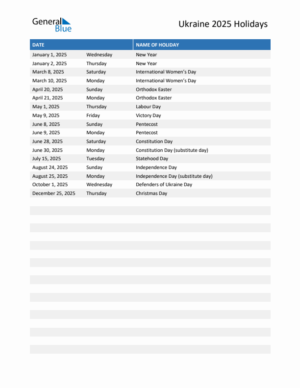 Free printable list of Ukraine holidays for year 2025