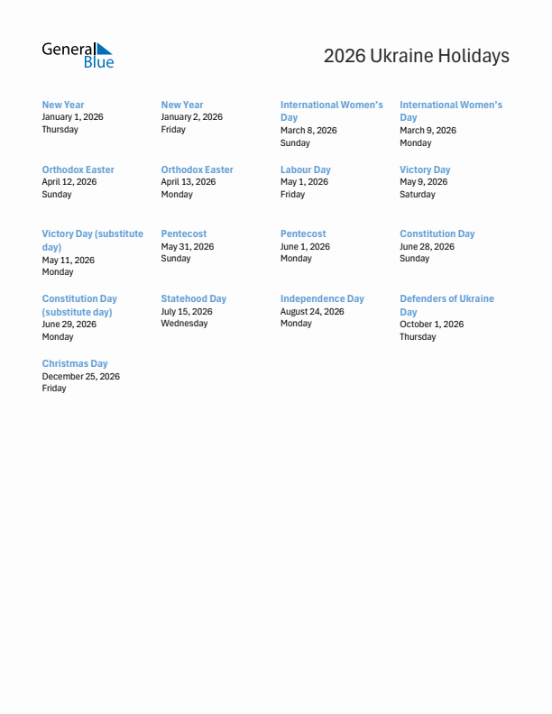 Free printable list of Ukraine holidays for year 2026