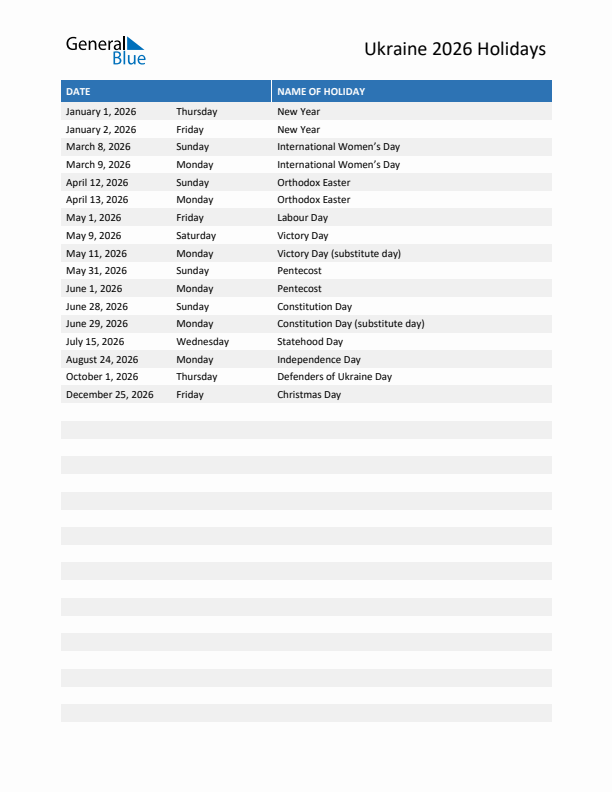 Free printable list of Ukraine holidays for year 2026