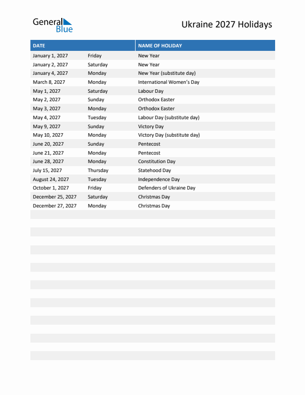 Free printable list of Ukraine holidays for year 2027