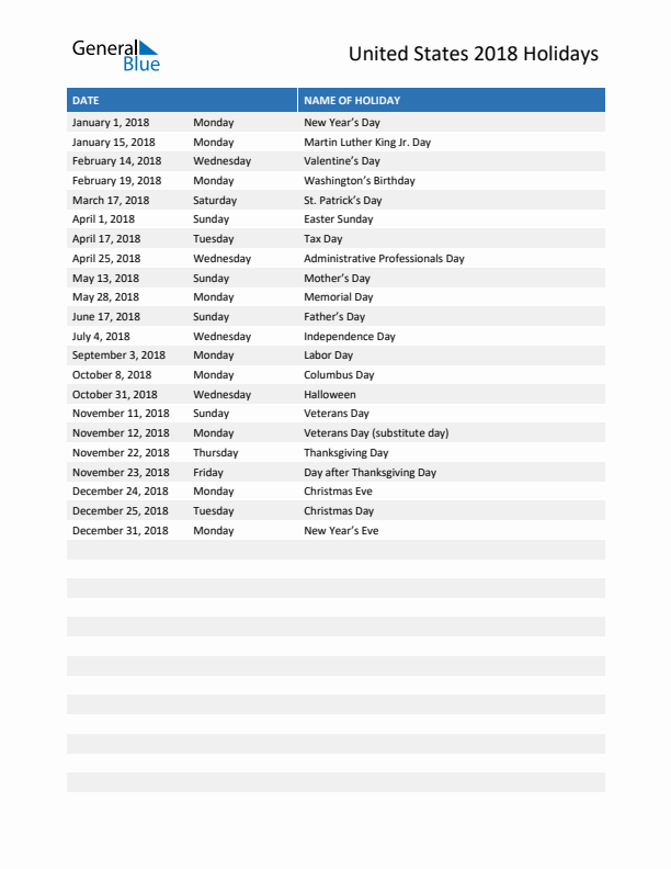 Free printable list of United States holidays for year 2018