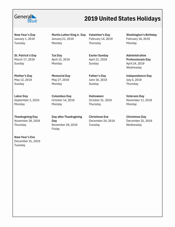 Free printable list of United States holidays for year 2019