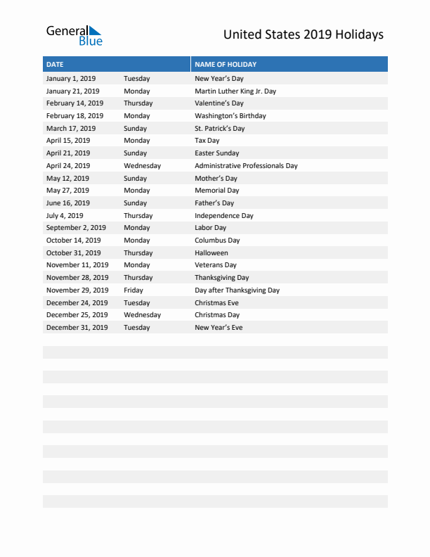 Free printable list of United States holidays for year 2019