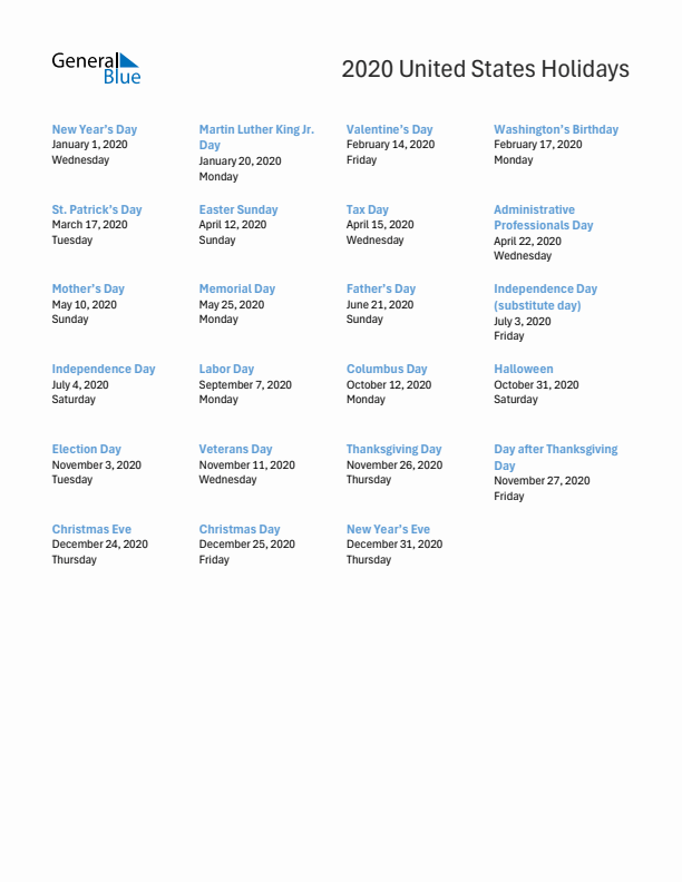 Free printable list of United States holidays for year 2020