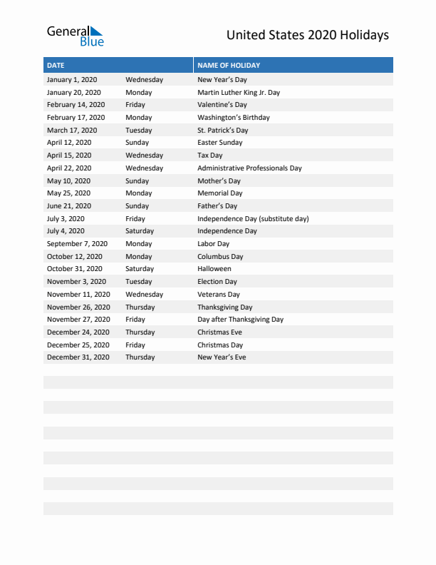 2020 United States List of Holidays in PDF, Word, and Excel