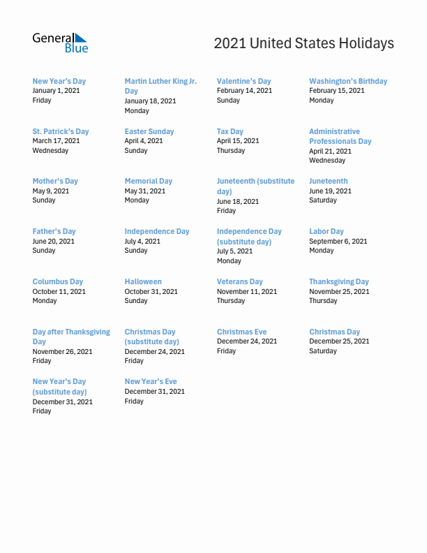 Free printable list of United States holidays for year 2021