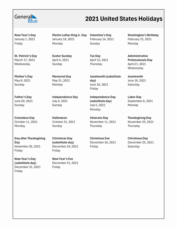 2021 United States List of Holidays in PDF, Word, and Excel