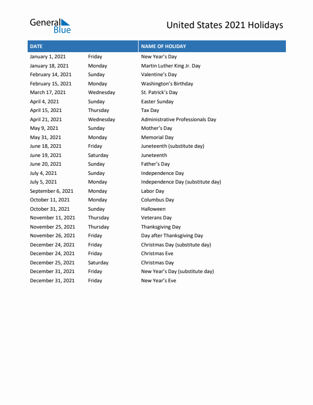 Free printable list of United States holidays for year 2021