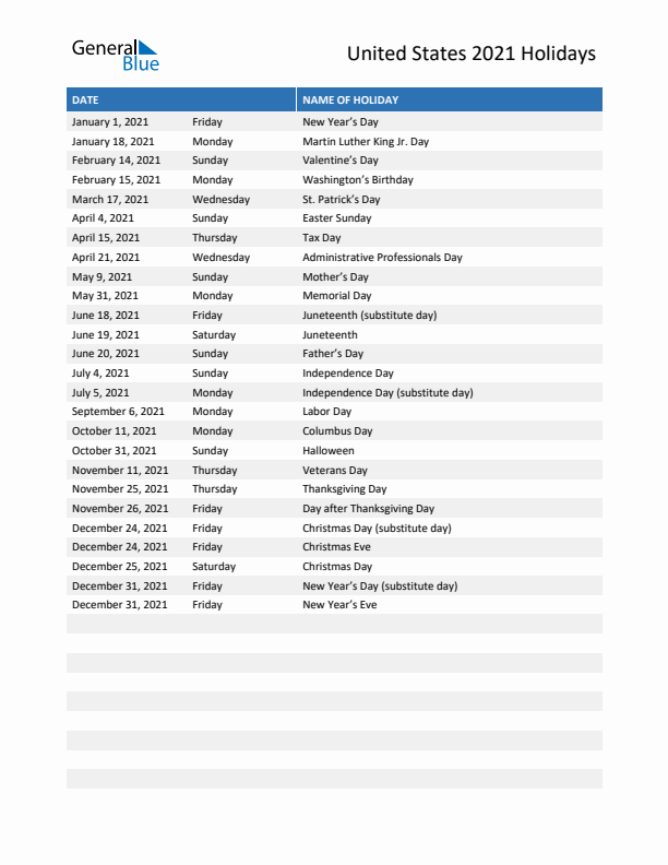 Free printable list of United States holidays for year 2021