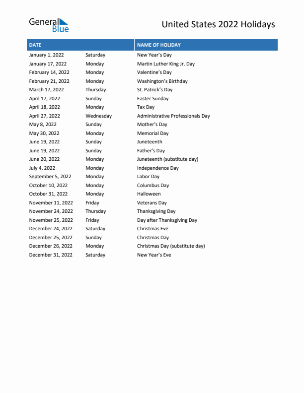 Free printable list of United States holidays for year 2022