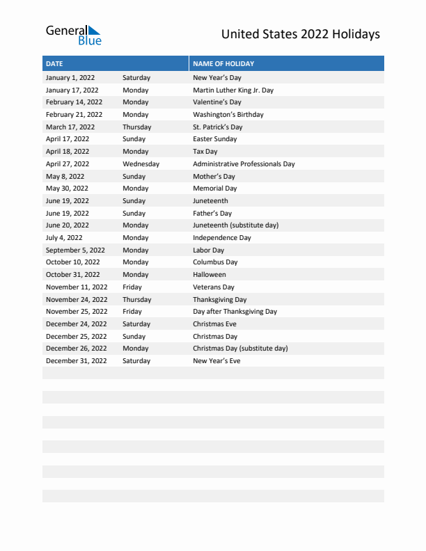 Free printable list of United States holidays for year 2022