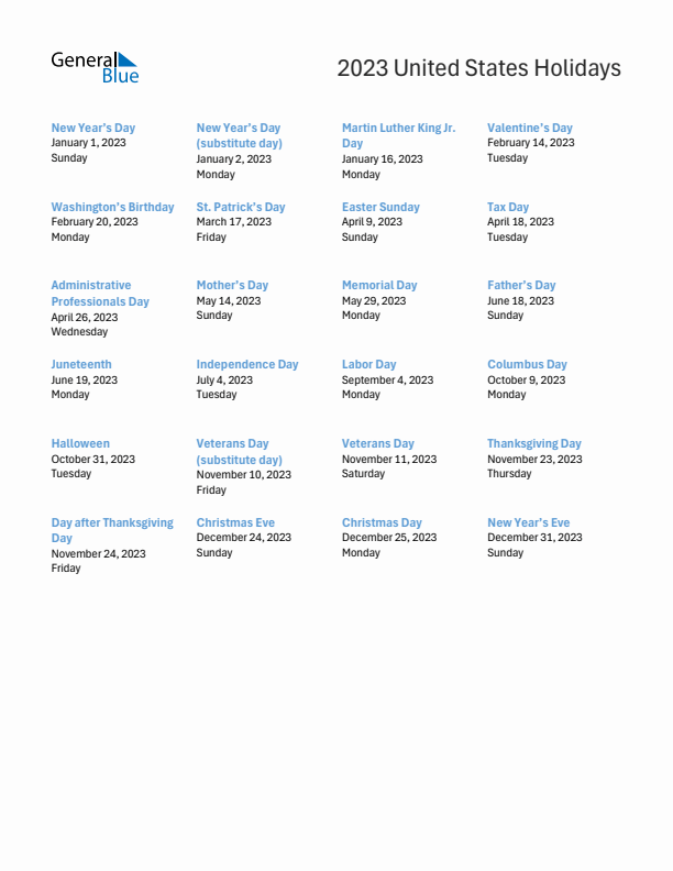 Free printable list of United States holidays for year 2023