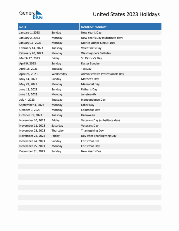 Free printable list of United States holidays for year 2023