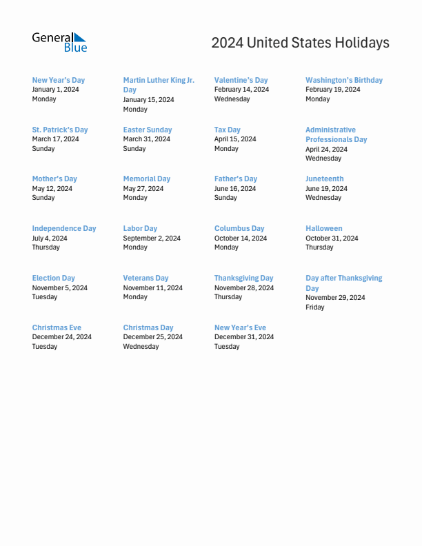 Free printable list of United States holidays for year 2024