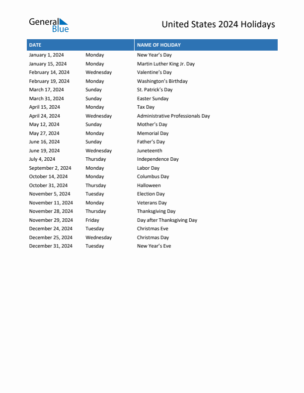 Free printable list of United States holidays for year 2024