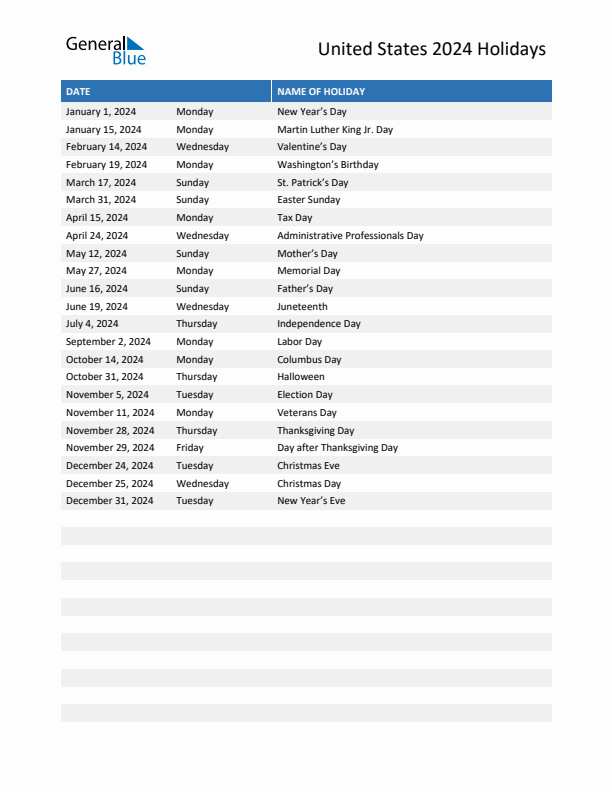 Free printable list of United States holidays for year 2024