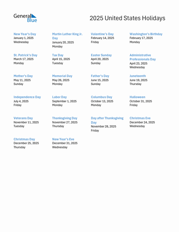 2025 United States List of Holidays in PDF, Word, and Excel