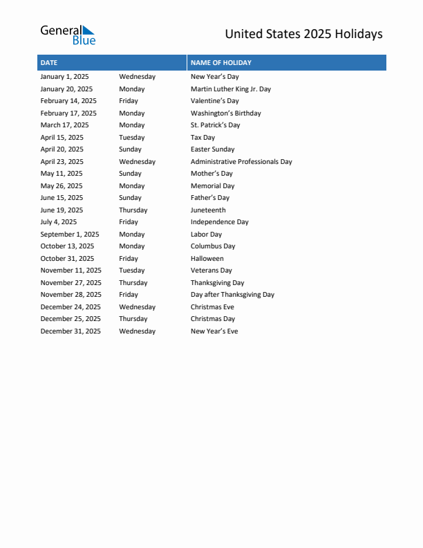 Printable list of holidays in United States