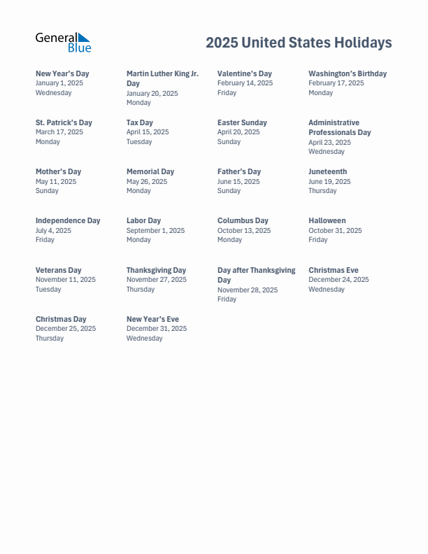 2025 United States List of Holidays in PDF, Word, and Excel