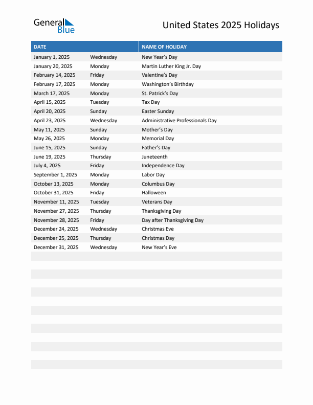 Free printable list of United States holidays for year 2025