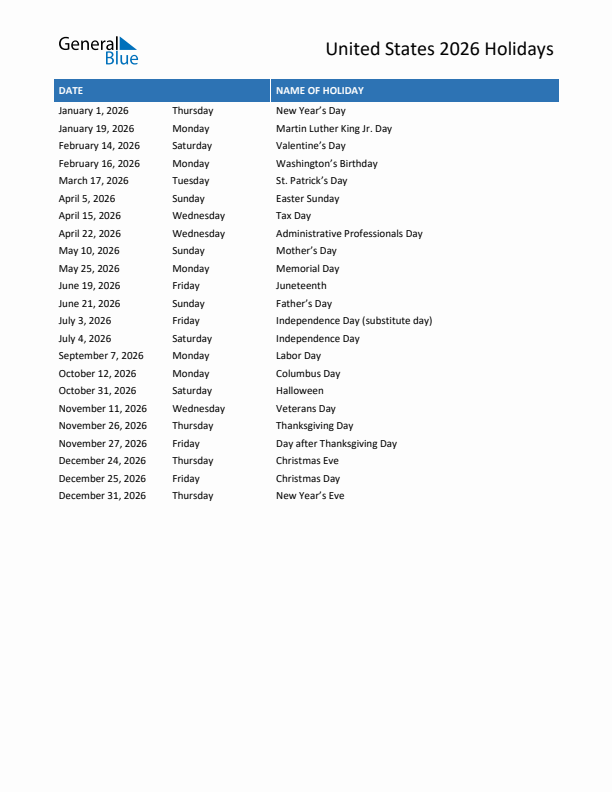 Free printable list of United States holidays for year 2026