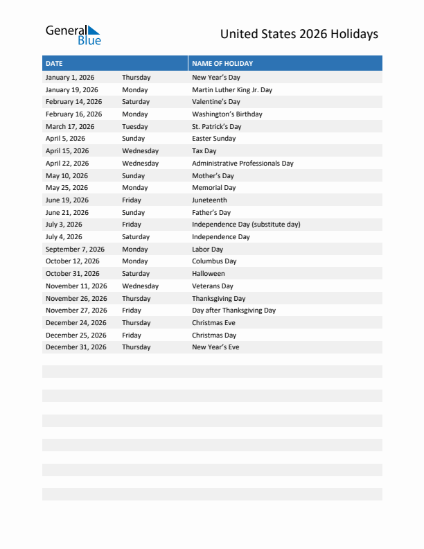 Free printable list of United States holidays for year 2026