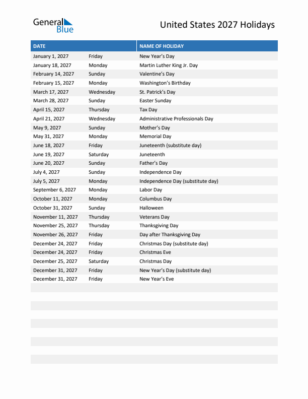 Free printable list of United States holidays for year 2027