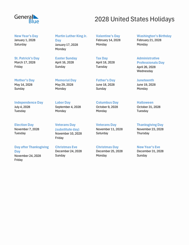 Free printable list of United States holidays for year 2028