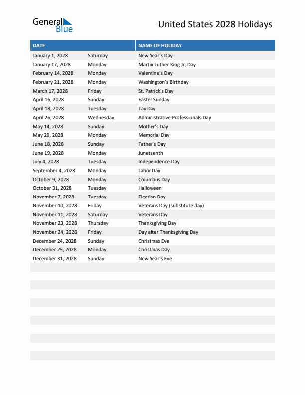 Free printable list of United States holidays for year 2028