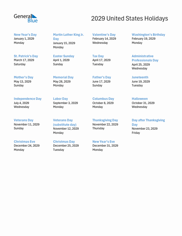 Free printable list of United States holidays for year 2029