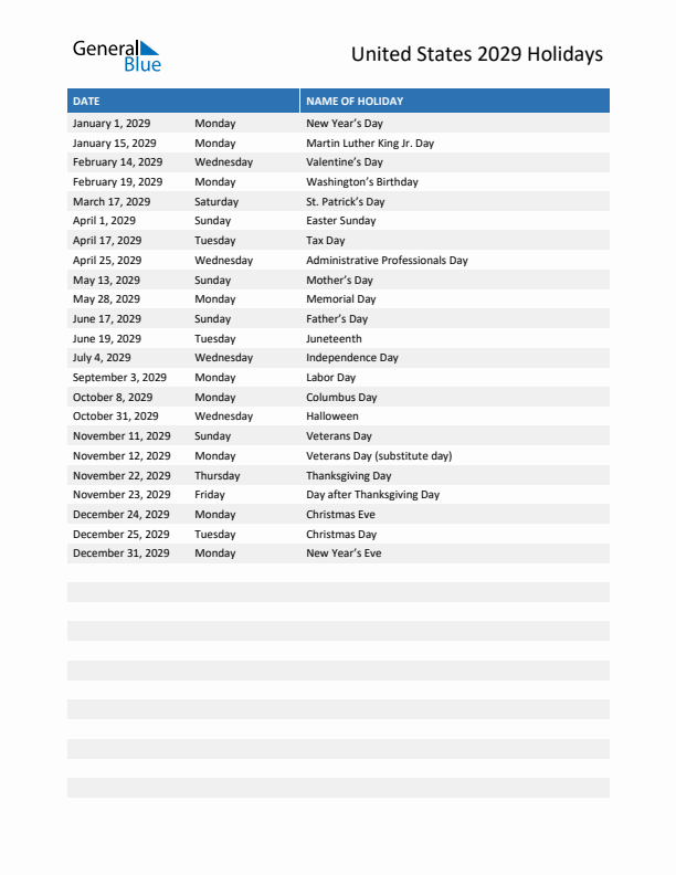 Free printable list of United States holidays for year 2029